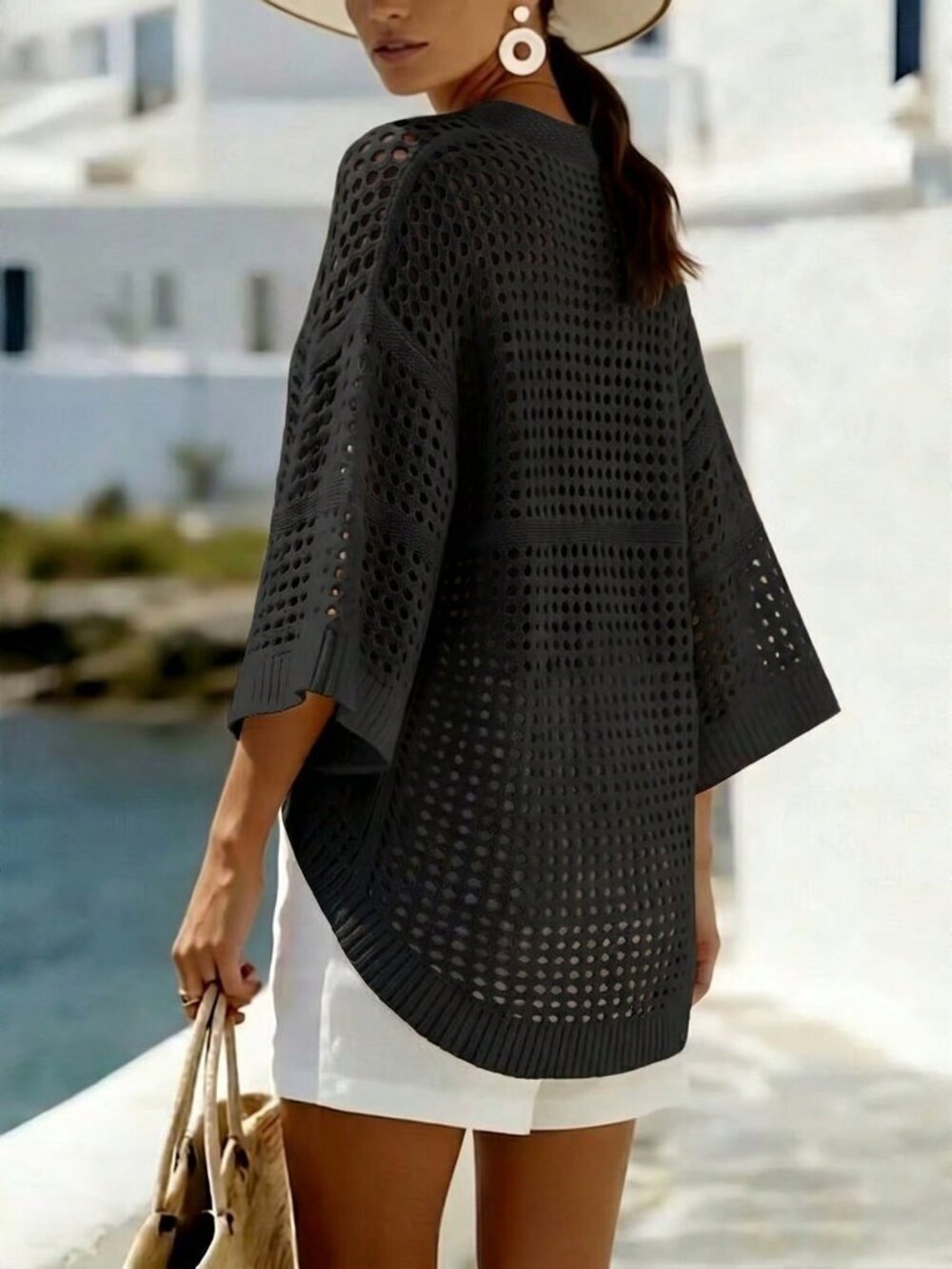 Black Casual Women's V-Neck Sleeveless Mesh Loose Cardigan - Picture 2 of 6